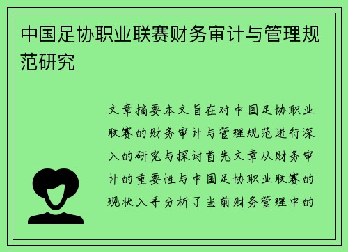 中国足协职业联赛财务审计与管理规范研究